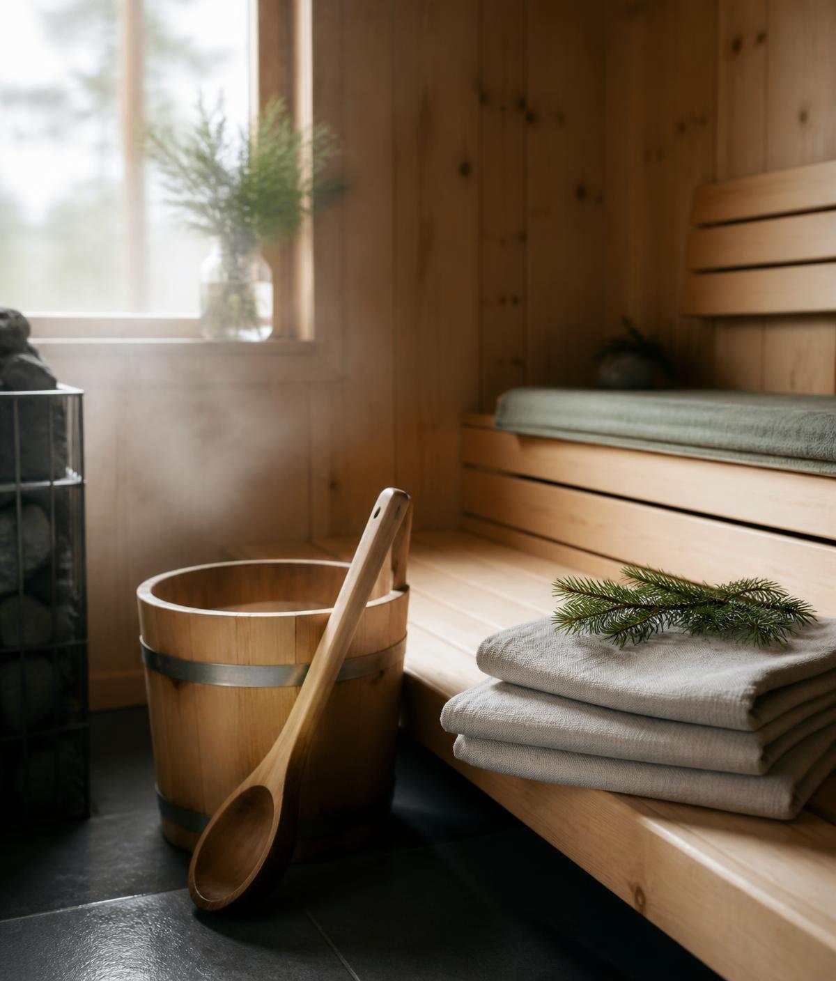 Linen towels, a wooden bucket and ladle in a Swedish sauna